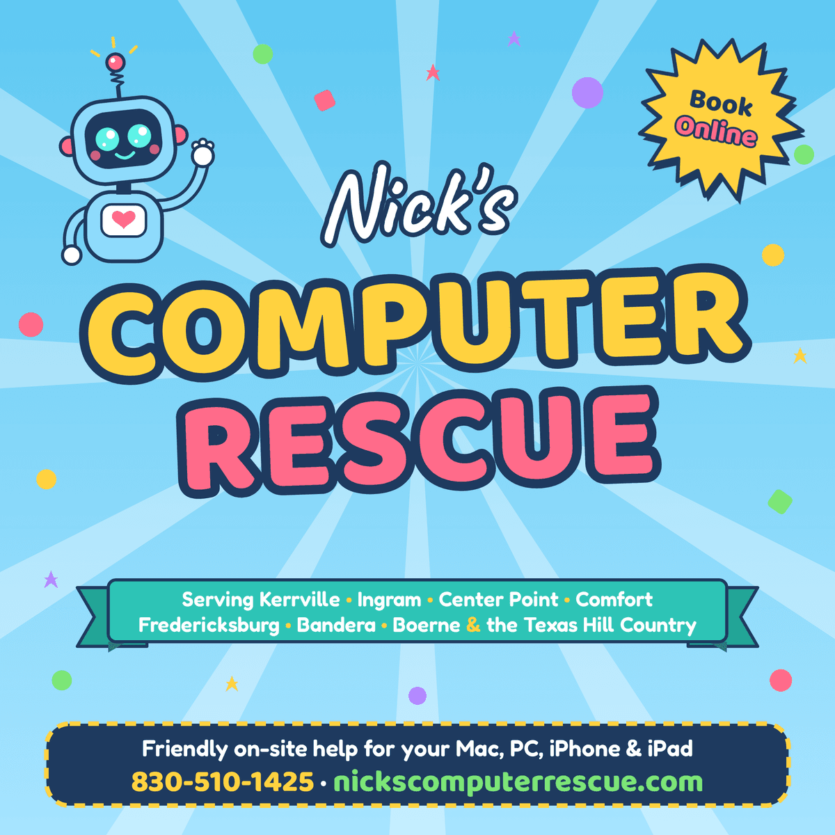 Nick's Computer Rescue — friendly on-site help for Mac, PC, iPhone and iPad across the Texas Hill Country