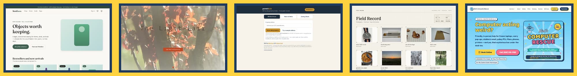 A stitched preview of websites built by Nick's Computer Rescue