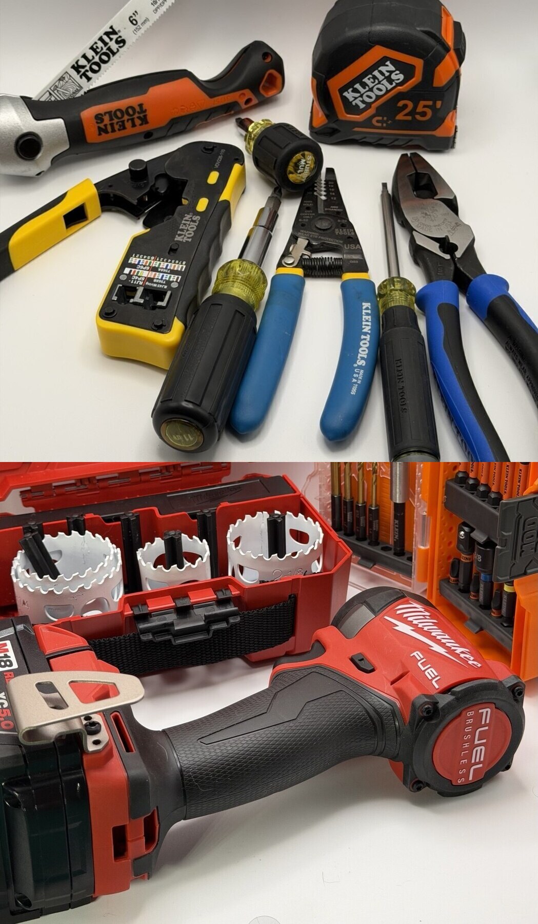 Two stacked photos of Klein hand tools and Milwaukee impact gear — the hands-on hardware kit at Nick's Computer Rescue
